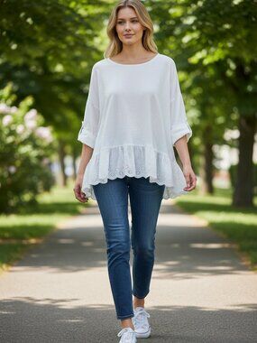 Bellambra White Linen Blouse L Eyelet Ruffle Hem Boho Cottagecore